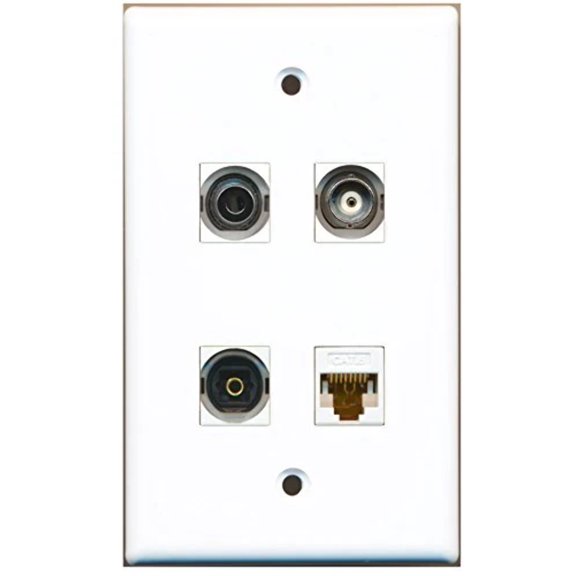 RiteAV - 1 Port Toslink 1 Port 3.5mm 1 Port BNC 1 Port Cat6 Ethernet White Wall Plate