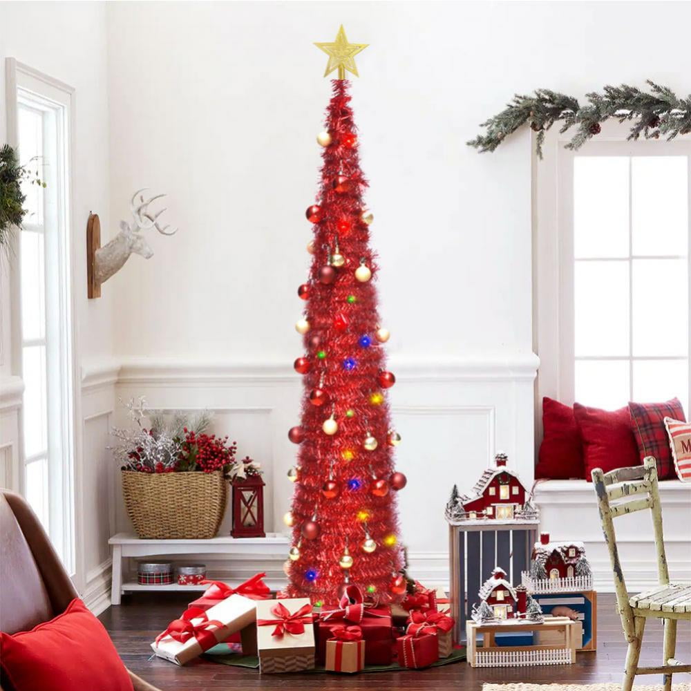 Pop Up Tinsel Christmas Tree with Lights 5 Foot Sequin Artificial