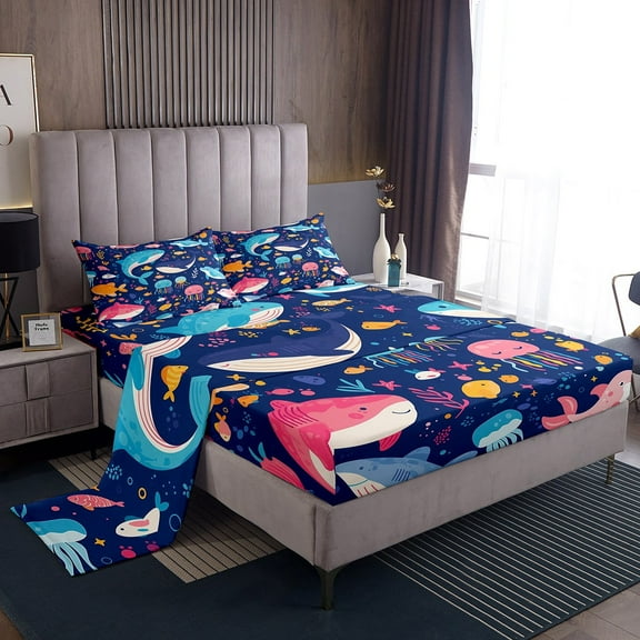 Erosebridal Kawaii Whale Sheet Set Twin, Cute Jellyfish Bedding Sets Twin Size, Cartoon Sealife Reversible Twin Sheet Sets, Super Cozy Room Decorative, 3pcs