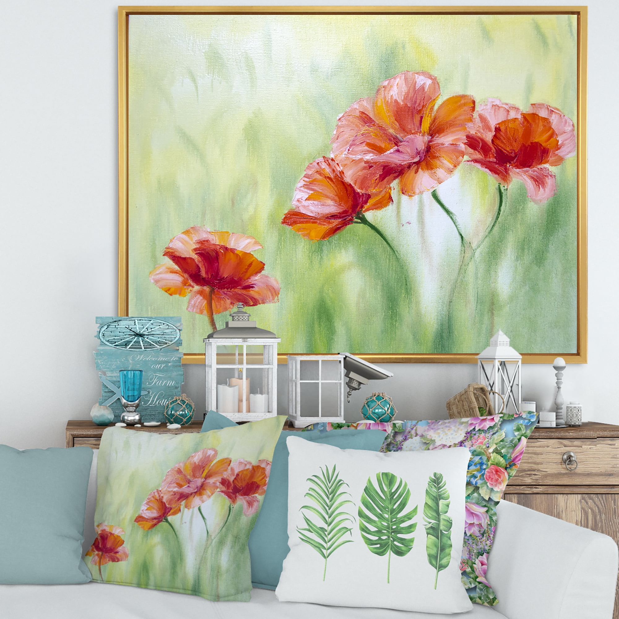 Red Blossoming Poppies Over Wild Green I 32 in x 24 in Framed Painting Canvas Art Print, by Designart