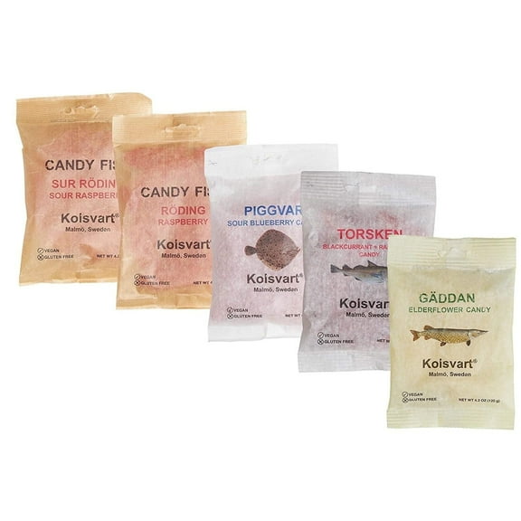 Swedish Candy Variety Pack, 4.2 Ounces - Raspberry, Blackcurrant & Raspberry, Sour Blueberry, Sour Raspberry, Elderflower (Pack of 5)