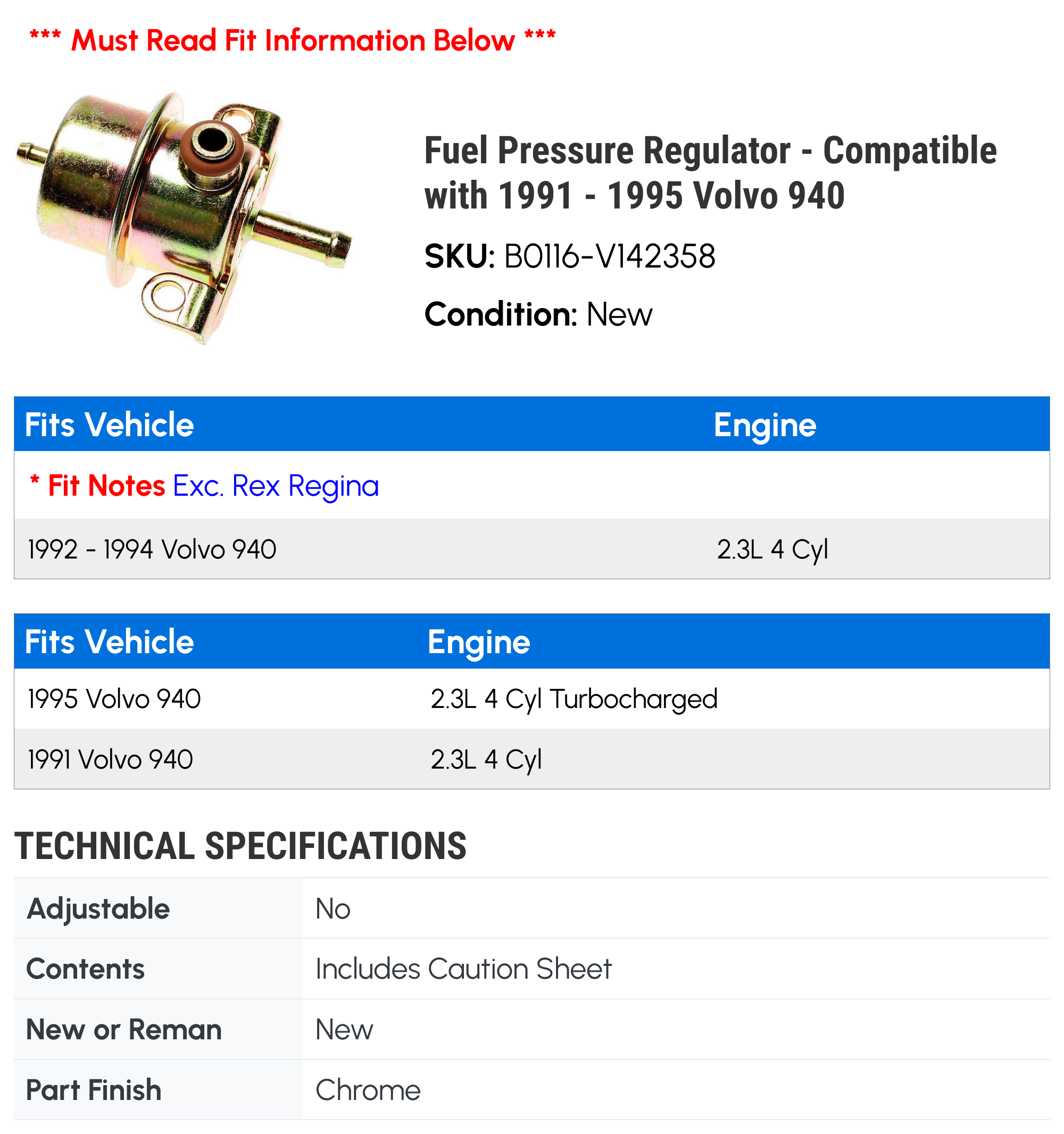 Volvo 940 Fuel Pressure Regulator