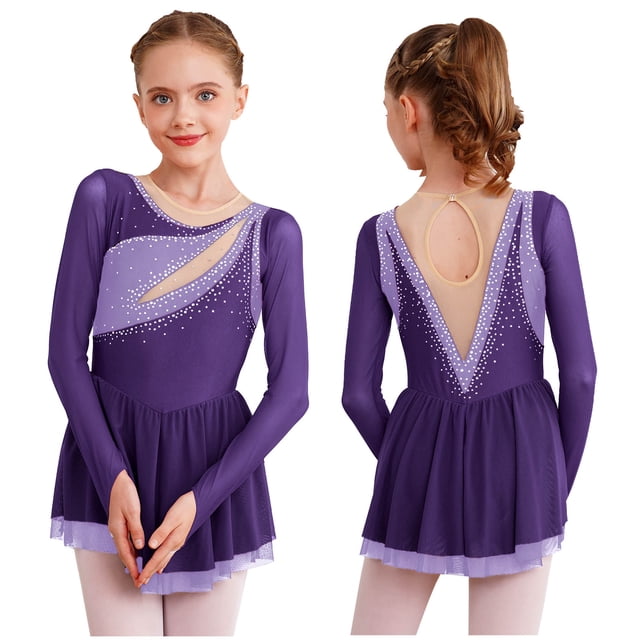 Miaeowve Robe de Patinage Artistique pour Filles Patinage à Roulettes Danse Ballet Justaucorps Robe Costume de Performance de Danse Violet 16