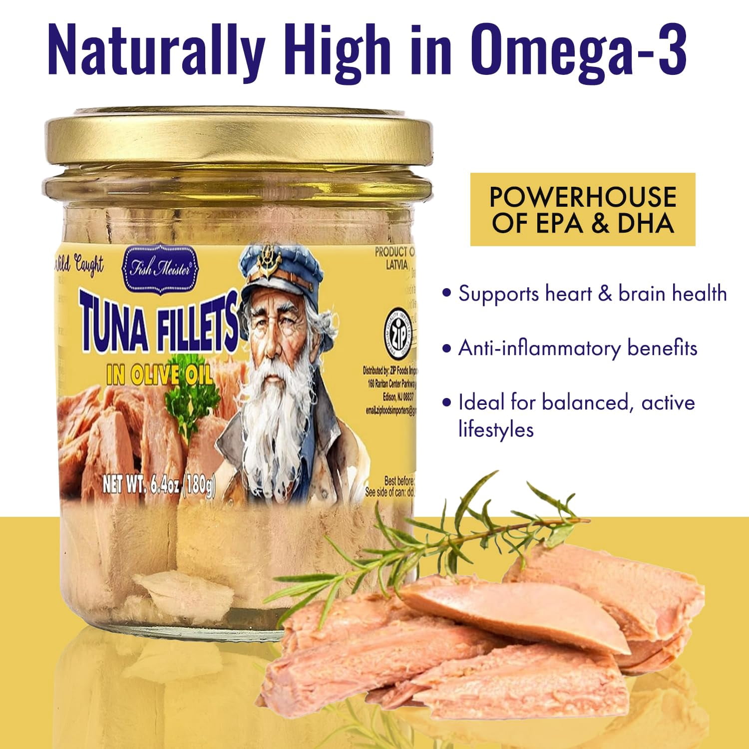 Fish Meister Tuna Fish in Premium Olive Oil - Tunas in Jar Rich with Omega-3 & Packed in Glass Jar for Freshness - Yellowfin Tuna Ready to Eat for Healthy Meals & Snacking Anytime - 2 Pack