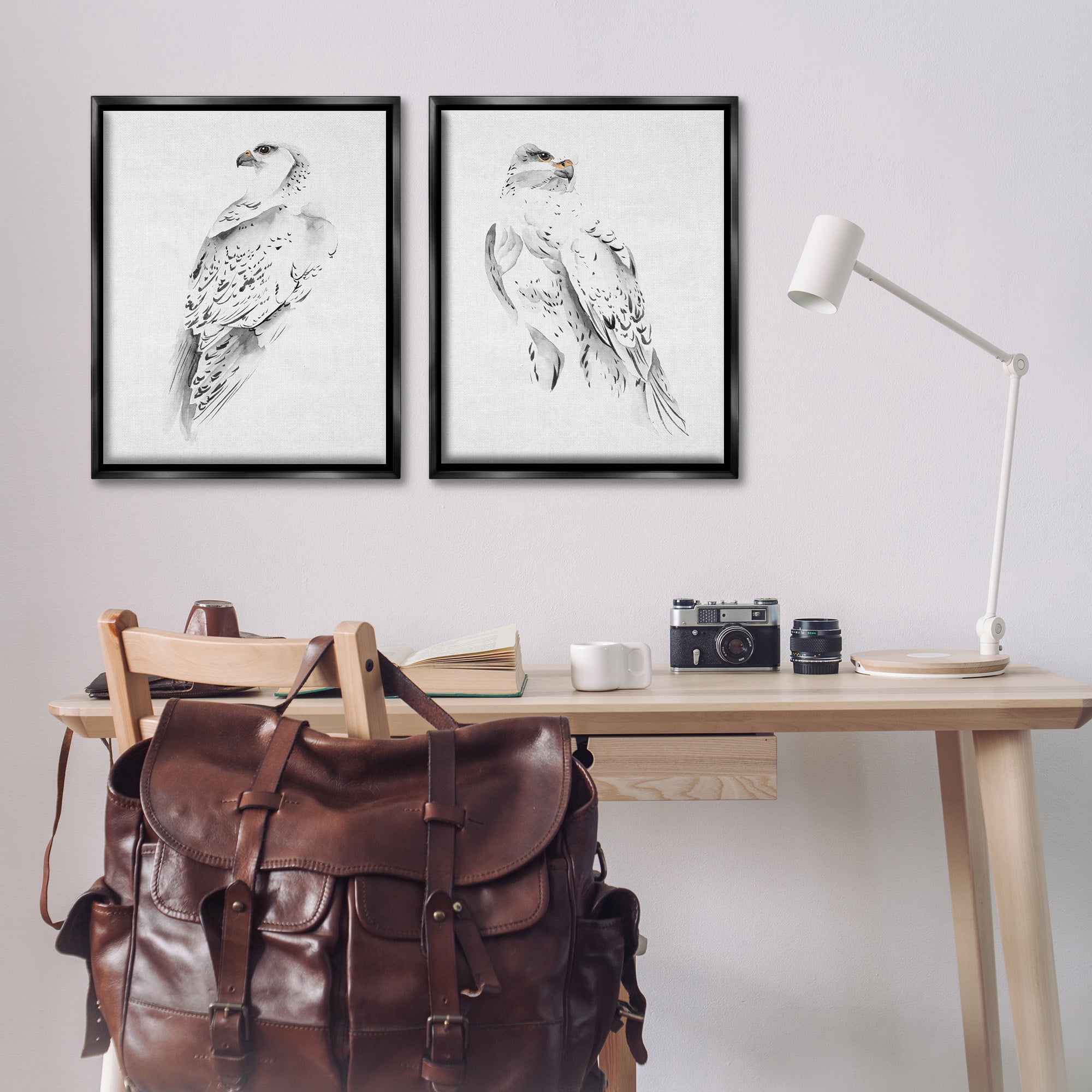 Stupell Industries White Hawk Winter Birds Animals & Insects Painting Black Floater Framed Canvas Art Print Wall Art, 25 x 31, Set of 2