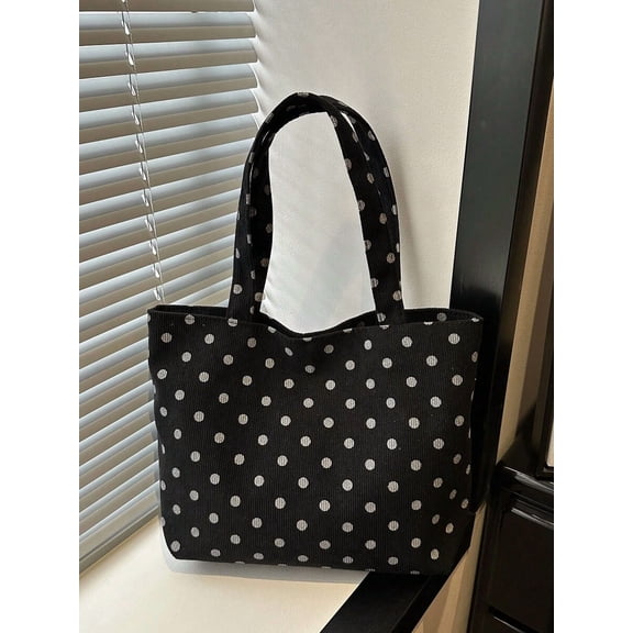 Black Polka Dot Corduroy Tote Bag, Large Capacity Shoulder Handbag For