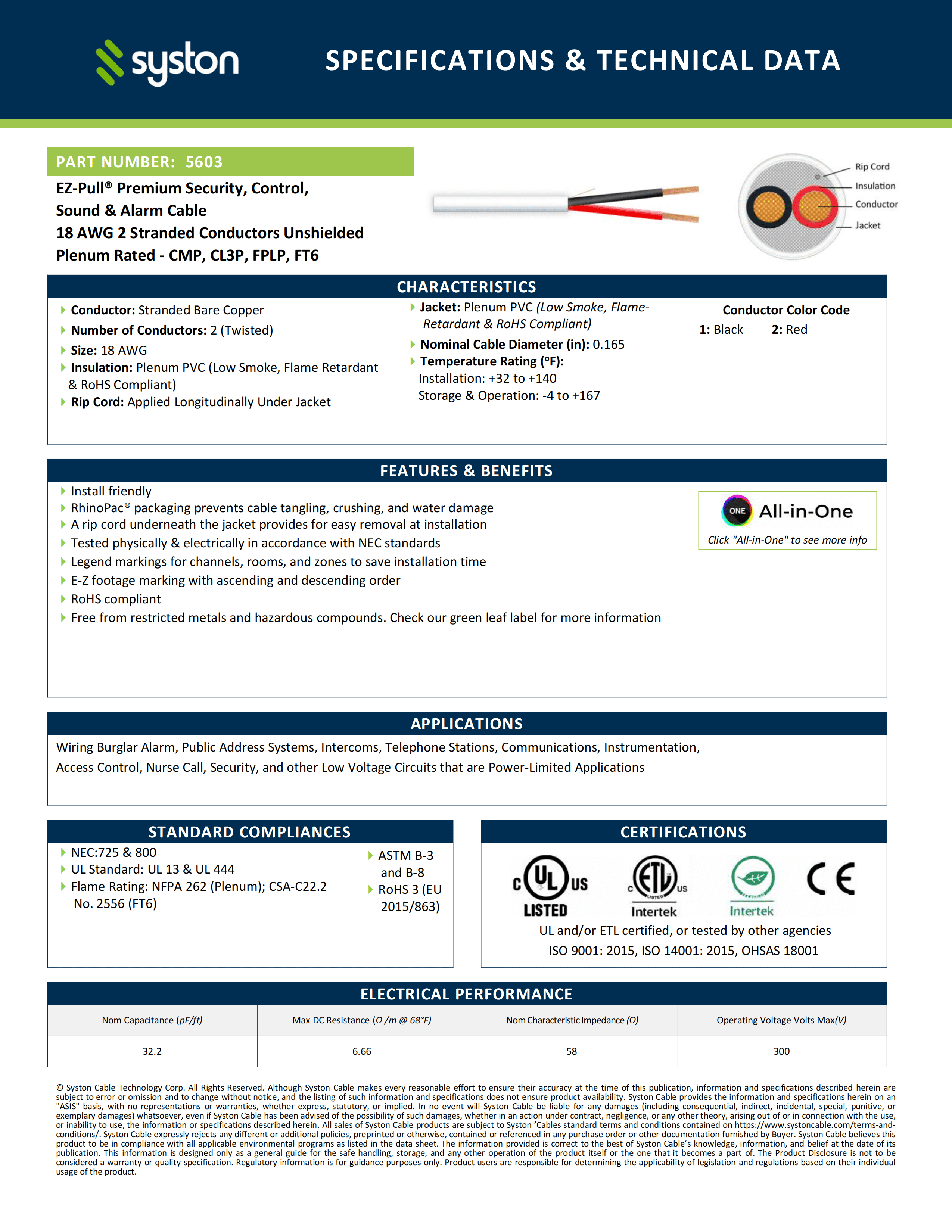 SYSTON 18/2 Fire Security Burglar Station Sound Alarm Control Cable Wire, Plenum-Rated CMP/CL3P Unshielded Copper Stranded UL/ETL,UV Resistant RoHS for Indoor/Outdoor Low Voltage Applications Use