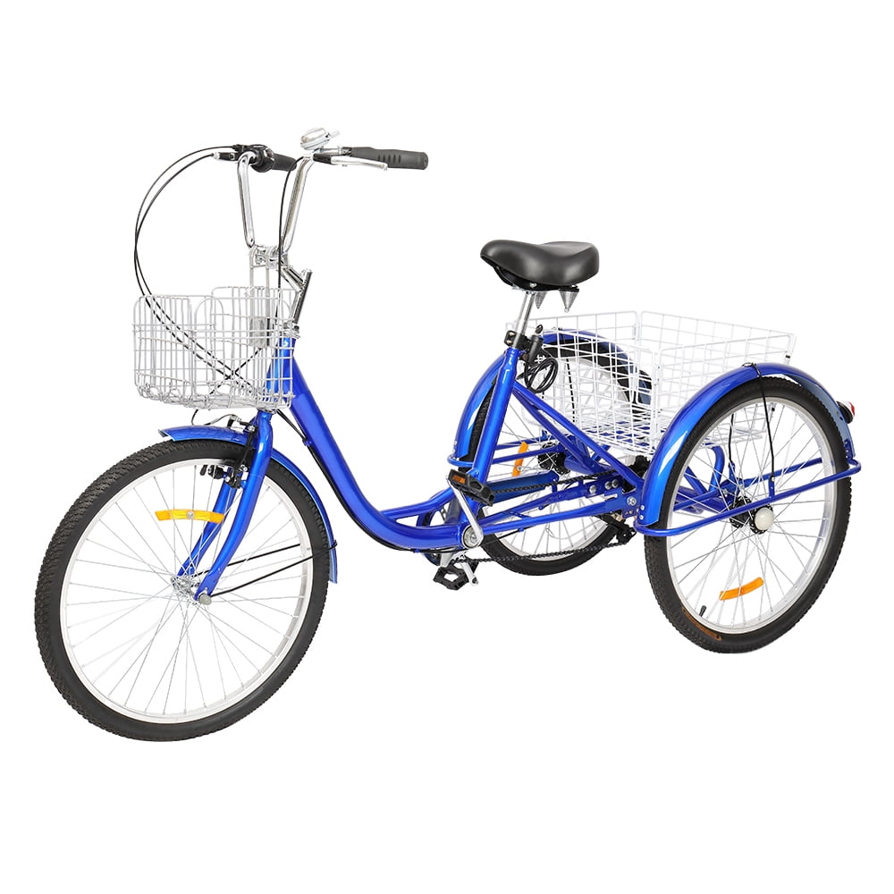 Single Speed 24/26 Wheels Trike with Low Step-Through Steel Frame Large Cruiser Seat HIRAM Adult Tricycle with Rear Basket Front and Rear Fenders Water-Proof Bag and Bicycle Bell 