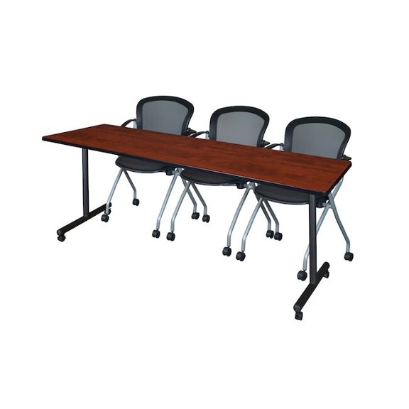 84" x 24" Kobe Mobile Training Table- Cherry & 3 Cadence Chairs- Black