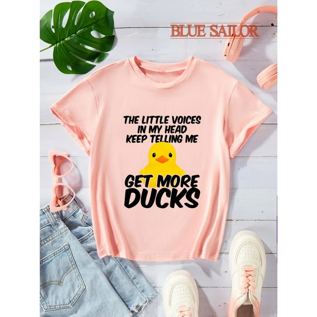 Tee-Shirt Graphique Mignon Léger pour Filles "Get More Ducks" Tee-Shirt Graphique / Blanc Décontracté Col Rond Manches Courtes pour Amusement Extérieur d'Été, Coton, Tee-Shirt Sportif Décontracté, Cadeaux d'Été