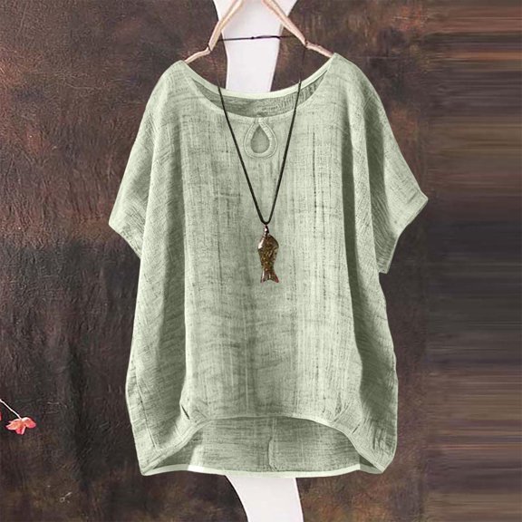 WHEANG Womens Summer Tops Trendy Short Sleeve Solid Color Blouses for Women Dressy Casual Loose Comfort Cotton Linen Tops for Women Hot Summer Sale Womens Tops Green S Summer Sales Under $2