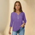 thumbnail image 2 of Mwjwdo Girls Linen Shirts 3/4 Length Sleeve Linen Button Down V Neck Blouse Children's Summer Fall Boho Shirts Travel Vacation Tops Purple 160, 2 of 5