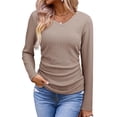 thumbnail image 2 of Tops Casuales para Mujer, Cuello en V, Camisas de Larga, Túnicas Básicas con Frunces Lisos, Blusas Caqui M, 2 of 7