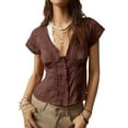 thumbnail image 2 of Women'S Lace Trim V Neck Blouse Short Sleeve Shirred Shirt Tops Summer Vacation Clothes Brown M, 2 of 9