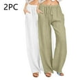 thumbnail image 2 of YUGYXL 2 Pack Cotton Linen Beach Pants for Women 2025 Summer Wide Leg Pants with Pockets Stretch Waist Drawstring Straight Pants White L, 2 of 7