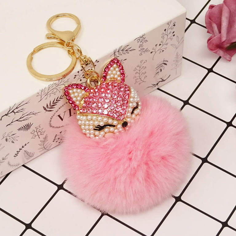 SWJEWEL Artificial Rabbit Fur Keychain Pom Pom Plush Ball Fluffy Rhinestone  Heart Pendant Key Ring Cute Bag Charm for Women Girls-Dark pink at   Women's Clothing store