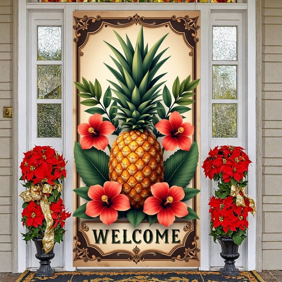 Tropical Pineapple Welcome Banner Red Hibiscus Backdrop Vintage Ornate Frame Background for Luau Party Home Entrance Hawaiian Gathering