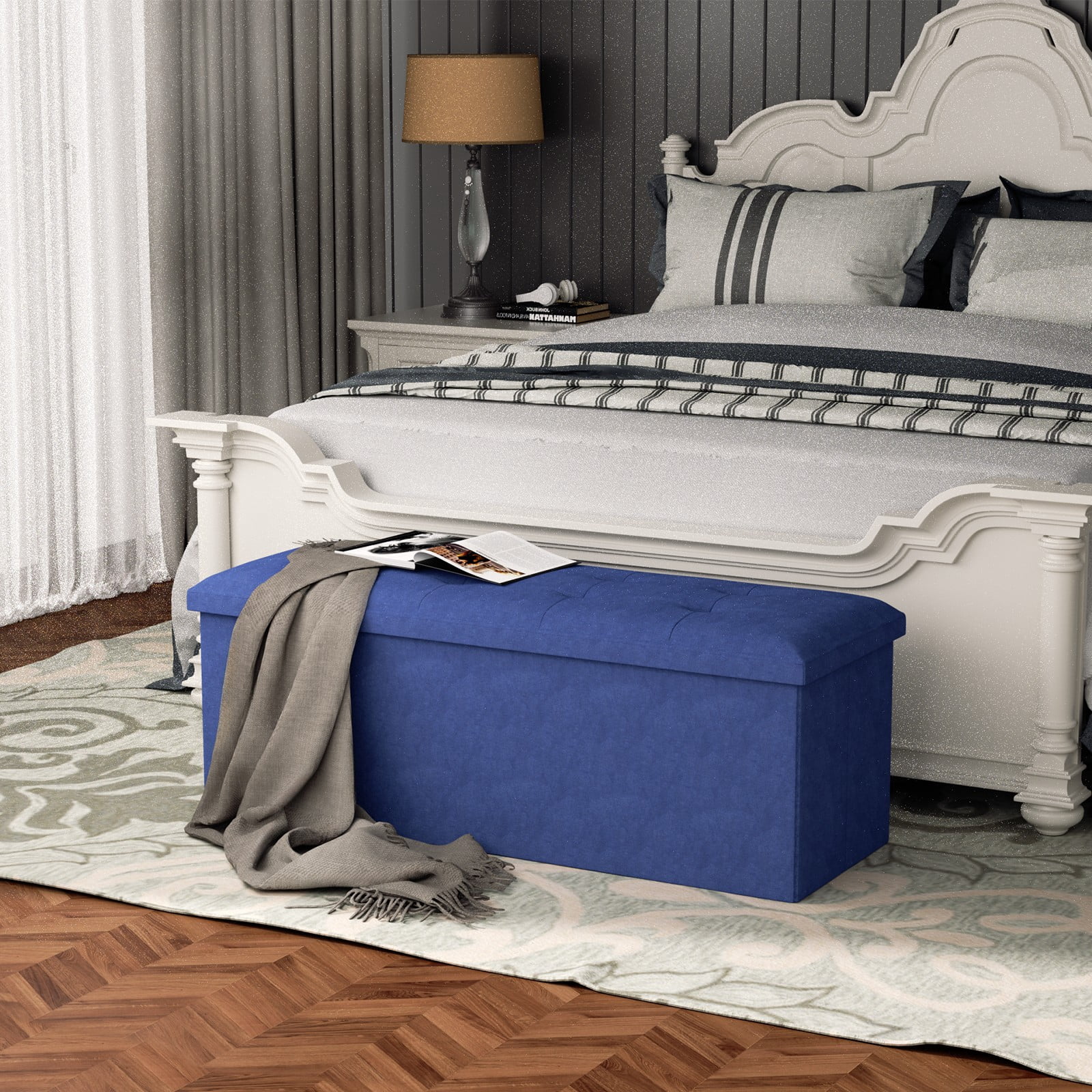 MoNiBloom 43" Collapsible Ottoman with Storage, Cotton-linen Storage Ottoman Bench, Modern Storage Footstool for Living Room Bedroom Entryway, Navy Blue