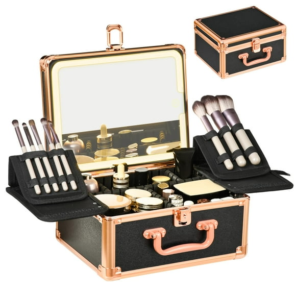 Estuche de maquillaje GALHUBIS con espejo iluminado, impermeable, negro y dorado
