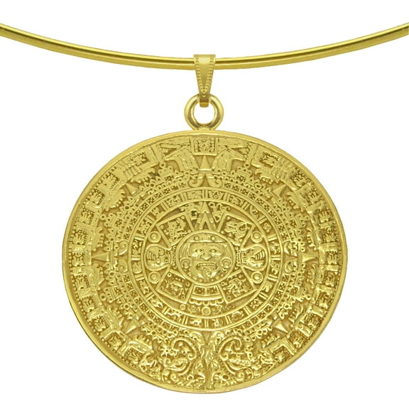 Across The Puddle, Historical Jewelry Collection, 24k Gold Plated Pre-Columbian 2 inches Aztec Solar Calendar Choker Necklace