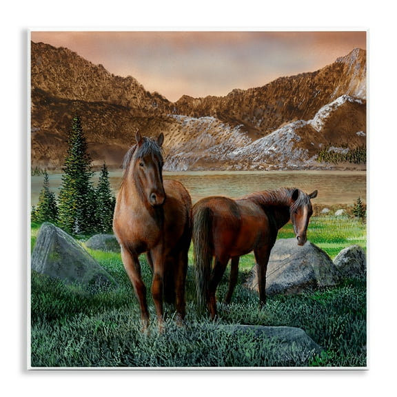 Stupell Industries Two Horses by Mountain Landscape & Nature Painting Unframed Art Print Wall Art, 12 x 12