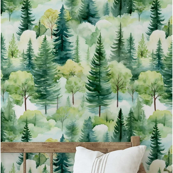 S4sassy Removable Nature-inspired Waterproof Wall Wrap, Finish Wallcover, Watercolor Pine Tree Print Contact Paper for Walls, Dresser, Self Adhesive Vinyl Wallpaper Roll- Green (25"x120")