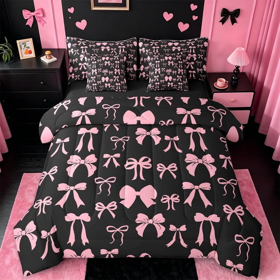 jejeloiu Cartoon Bow Knot 7-Piece Twin Bedding Sets,Pink Black Bowknot Bedding Comforter Set For Girl Reversible