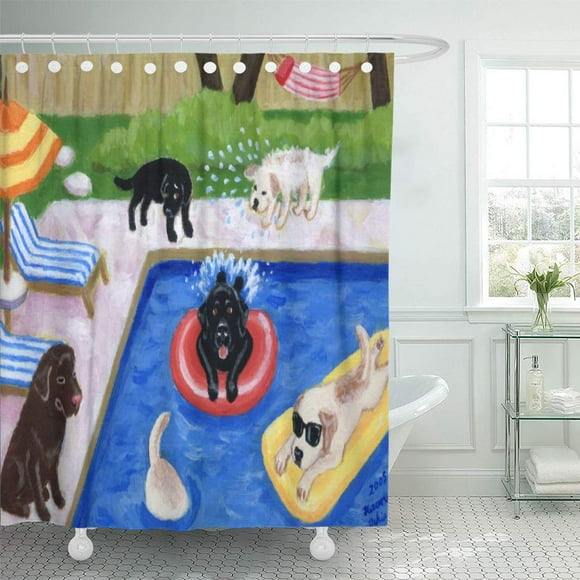 YUSDECOR Yellow Retriever Pool Party Labradors Black Lab Chocolate Funny Bathroom Decor Bath Shower Curtain 66x72 inch