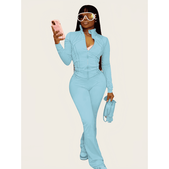 Women’s Zip-Up Athleisure Set — Slim Fit Stretch Tracksuit, Compression Sportswear 2-Piece Outfit, High-Rise Flare Leg Pants, Body-Contouring Activewear, Soft Breathable Workout Set