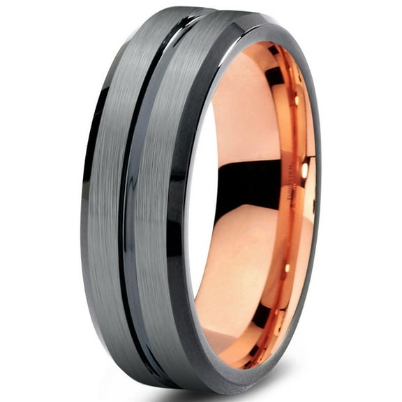 P. Manoukian Tungsten Wedding Band Ring 6mm for Men Women Black & 18K Rose Gold Plated Beveled Edge Brushed Polished Lifetime Guarantee Size 7