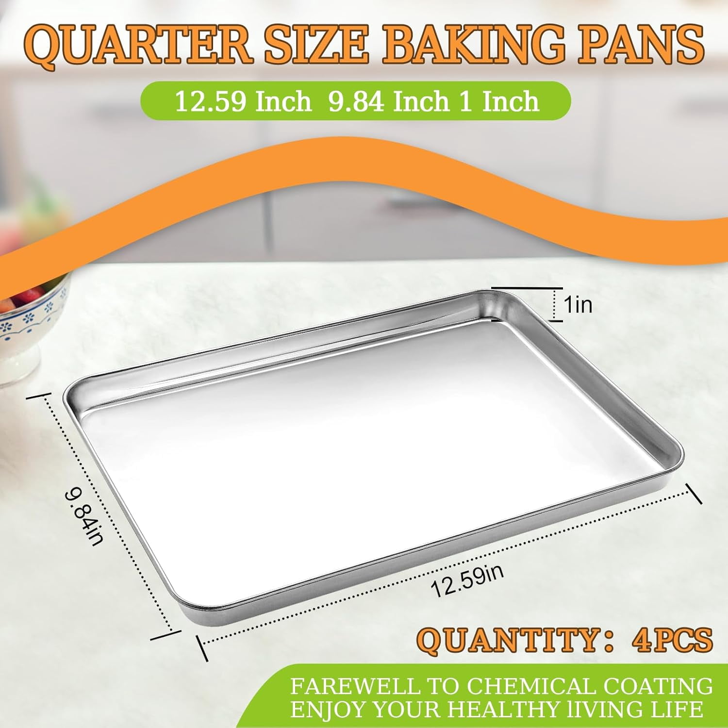 Quarter Sheet Pan Set of 4, Stainless Steel Baking Sheet & Cookie Sheets for Baking, Baking Sheet Pan Oven Tray, Heavy Duty & Easy Clean Baking Pans Set - Size 12 x 10 x 0.98 Inch