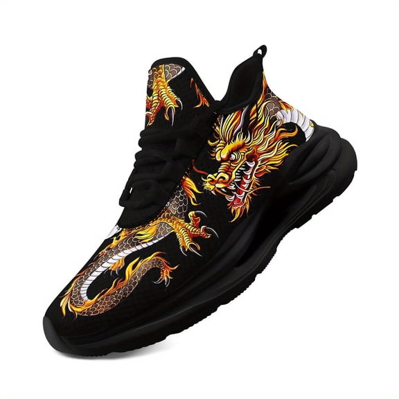 Coolcustomize Women's Golden Dragon Print Sneakers - Mythology-Inspired Chunky Sports Shoes, Breathable Lightweight Running Shoes, Casual Walking Trainers with Vibrant Dragon Design, Black,