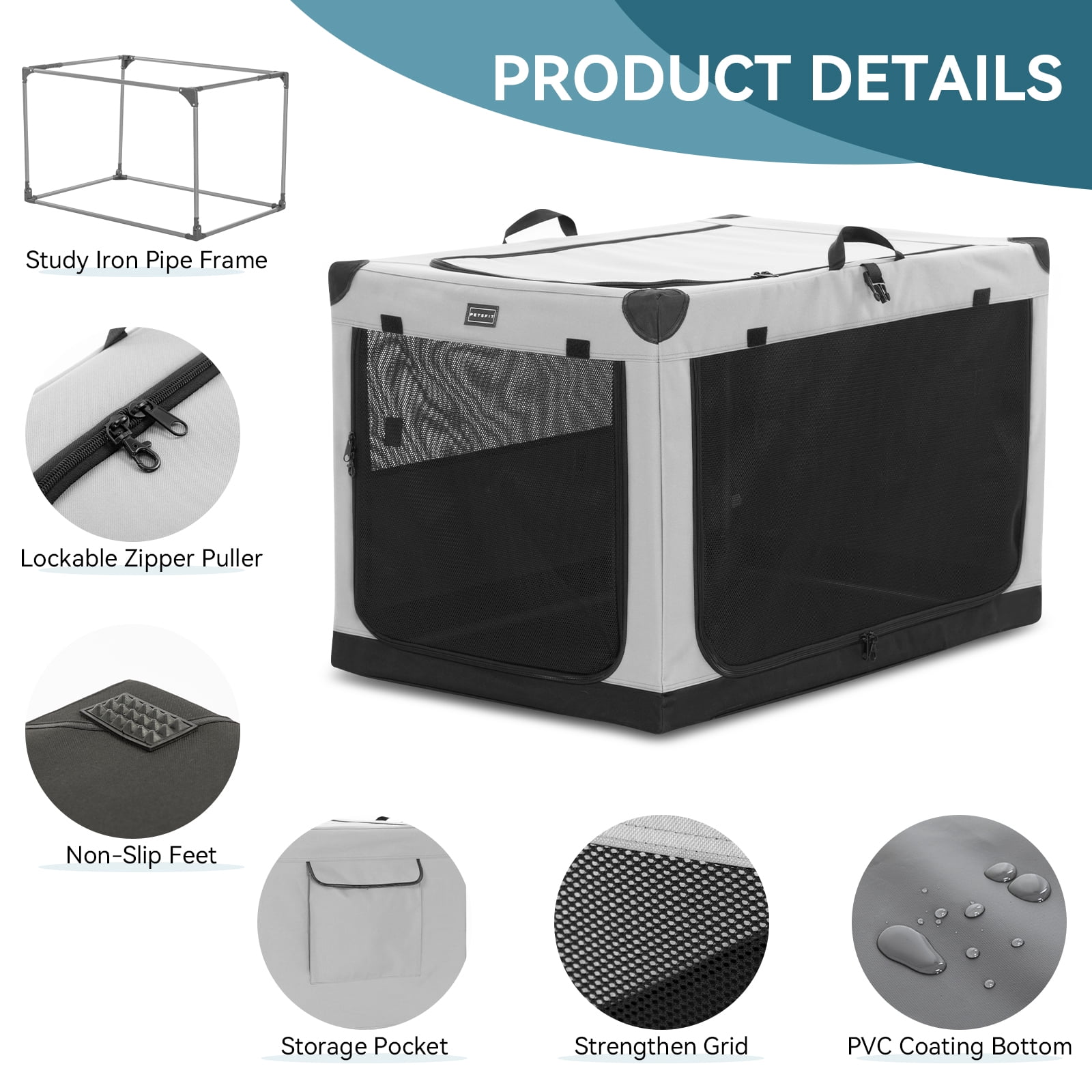 Petsfit 30 Inch Travel Dog Crate, Adjustable Fabric Cover by Spiral Iron Pipe, Chew Proof 3 Door Design, Portable Collapsible Dog Crate Grey