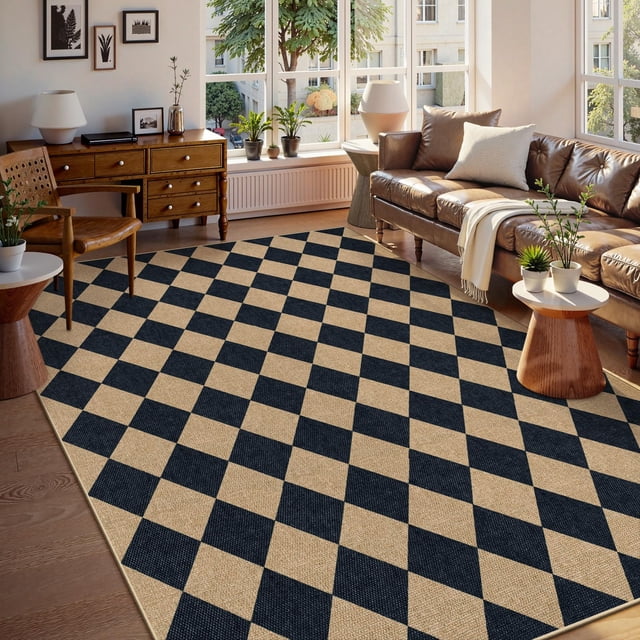 Alfombra Lahome de yute fácil a cuadros, 244 x 305 cm, color negro