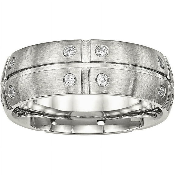 Primal Steel Stainless Steel Brushed Half Round/Grooved Cubic Zirconia Ring