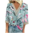 thumbnail image 2 of Feancey Women's Summer Tops Lace V-neck 3/4 Sleeve Dressy Blouses Fashion Floral Print Loose Tunics Elegant Plus Size Vacation Shirt Blue S, 2 of 5