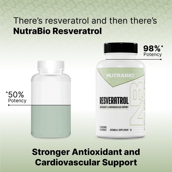 NutraBio 98% Pure Resveratrol Supplement 500mg - Standardized to 490mg Trans Resveratrol Supplement, Heart Health and Antioxidant Defense-90 Capsules- 90 servings