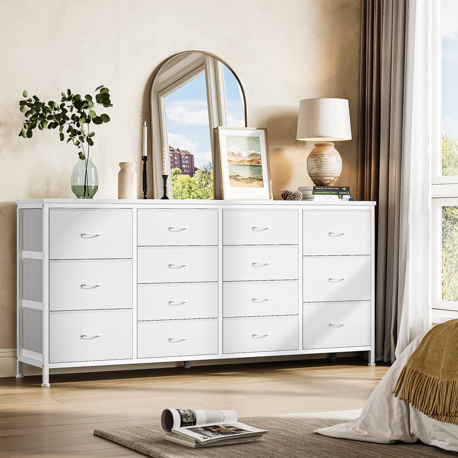 Dresser TV Stand with Charging Station for 65 70 75 Inch TV Stand for Bedroom with 14 Drawers Long Dresser for Bedroom Entertainment Center with Storage Fabric Dresser for Living Room