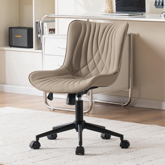 Home Office Desk Chair with Comfy Back Ergonomic Modern Faux Leather Swivel Rolling Task Computer Chair with Wheels Armless Adjustable Vanity Chair for Study Sewing Drafting