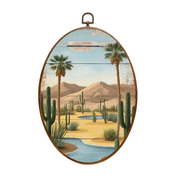 Canvas Wall Art Desert Succulent Western Landscape Boho Botanical Scenery Southwestern Oval Framed Canvas Prints Vintage Wall Hanging Decor for Home Office Kitchen Bathroom 8.6"x11.4"