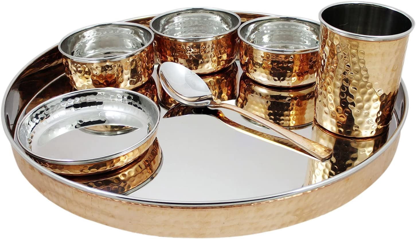 PARIJAT HANDICRAFT Indian Dinnerware Stainless Steel Copper Traditional Dinner Set of Thali ...