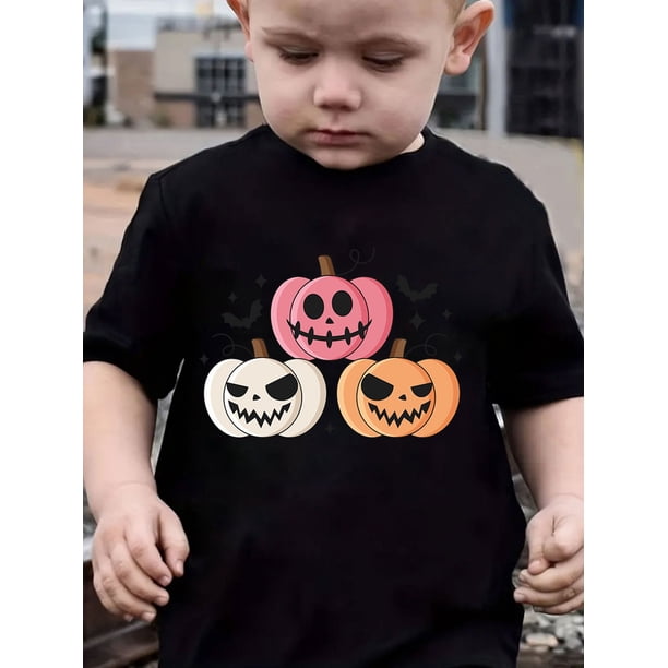 Boys' Halloween Pumpkin Graphic T-Shirt - Soft Breathable Cotton-Spandex Blend, Stretchy Casual Short Sleeve Tee with Jack-o'-Lanterns & Bats Print, Round Neck Summer Top