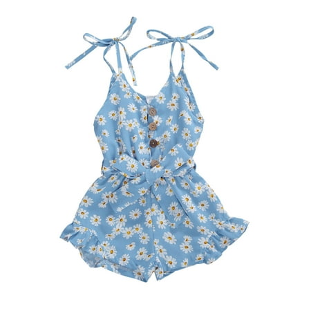 

Frobukio Baby Girl Summer Romper V-neck Button Bowknot Belt Princess Jumpsuit