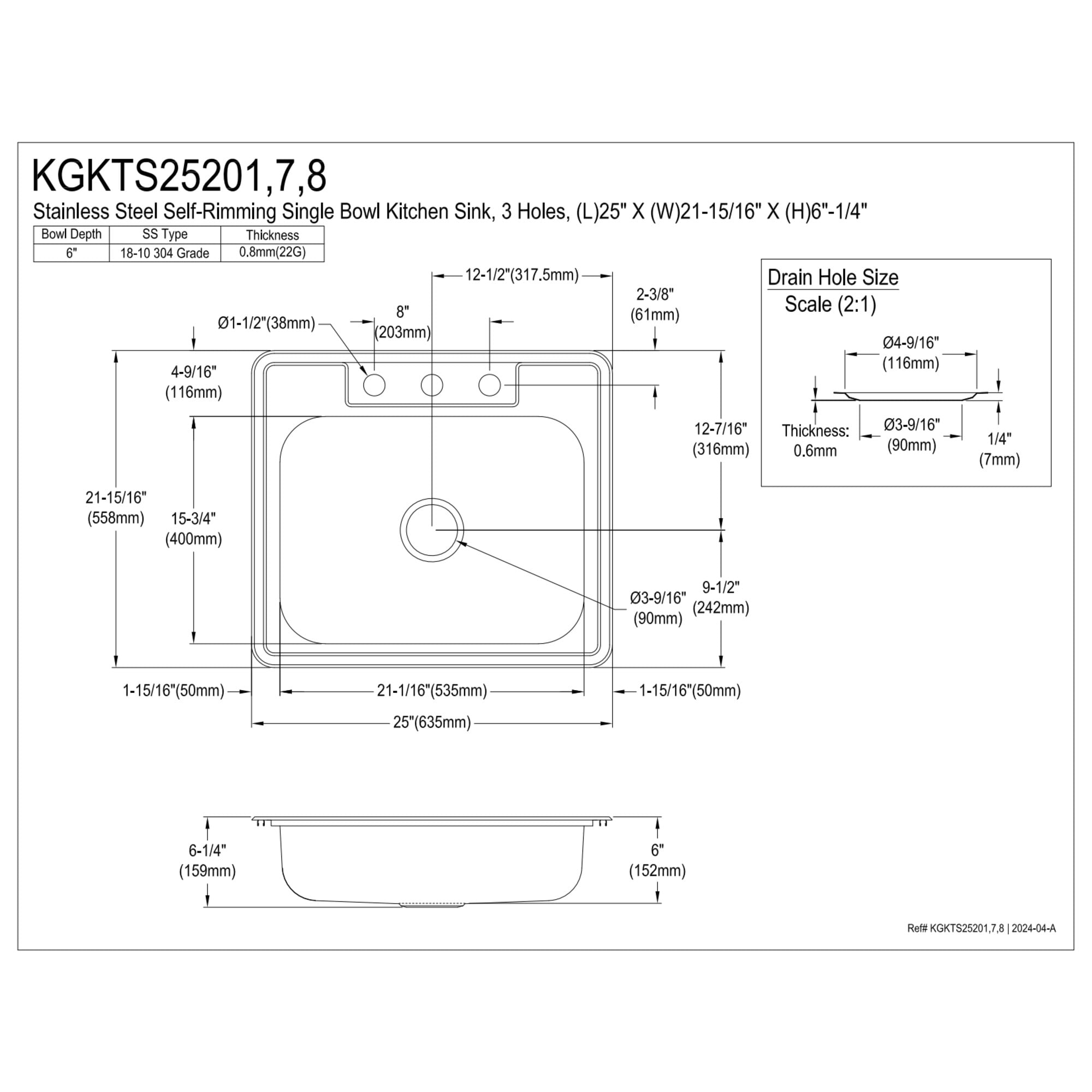 Kingston Brass Studio KGKTS25201 25" Stainless Steel Self-Rimming Single Bowl Bar Sink with 3-Hole Drain and Strainer, Stainless Steel/Polished Chrome