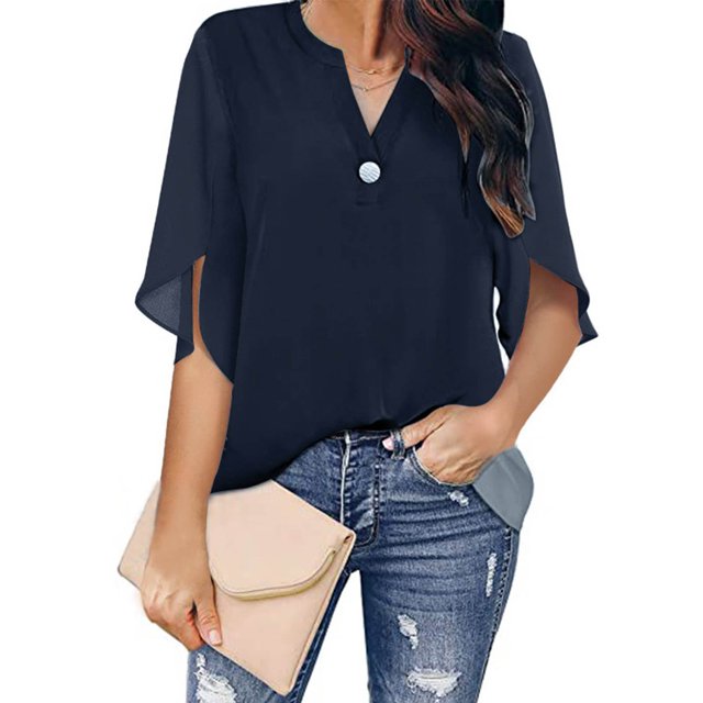 Tops de verano para mujer, cuello en V, media manga, exquisito Color puro, elegante, blusa informal para mujer, para fiesta, oficina, salida, azul purpúreo 3XL