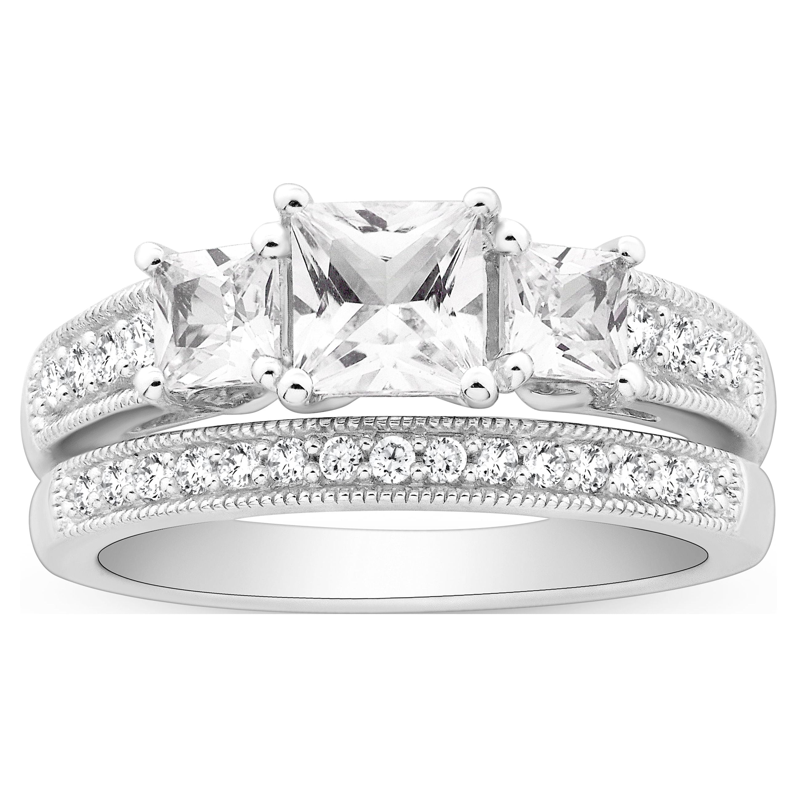Jay Heart Designs 925 Sterling Silver Simulated White Diamond Bridal Engagement Ring Set