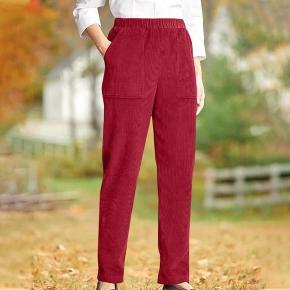 Pisexur Corduroy Pants Women Casual Solid Color Women's Pants Fashion Elastic High Waist Pull On Straight Leg Work Pants for Women with Pocket Casual Fall Corduroy Pants S-4XL Red