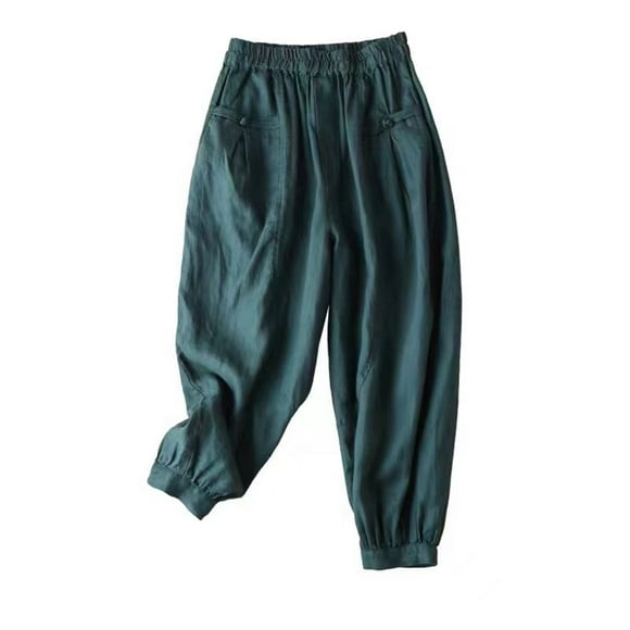fartey Harem Pants for Women Cotton Linen Elastic Waist Pockets Capri Pants Relaxed Breathable Lounge Solid Color Trousers