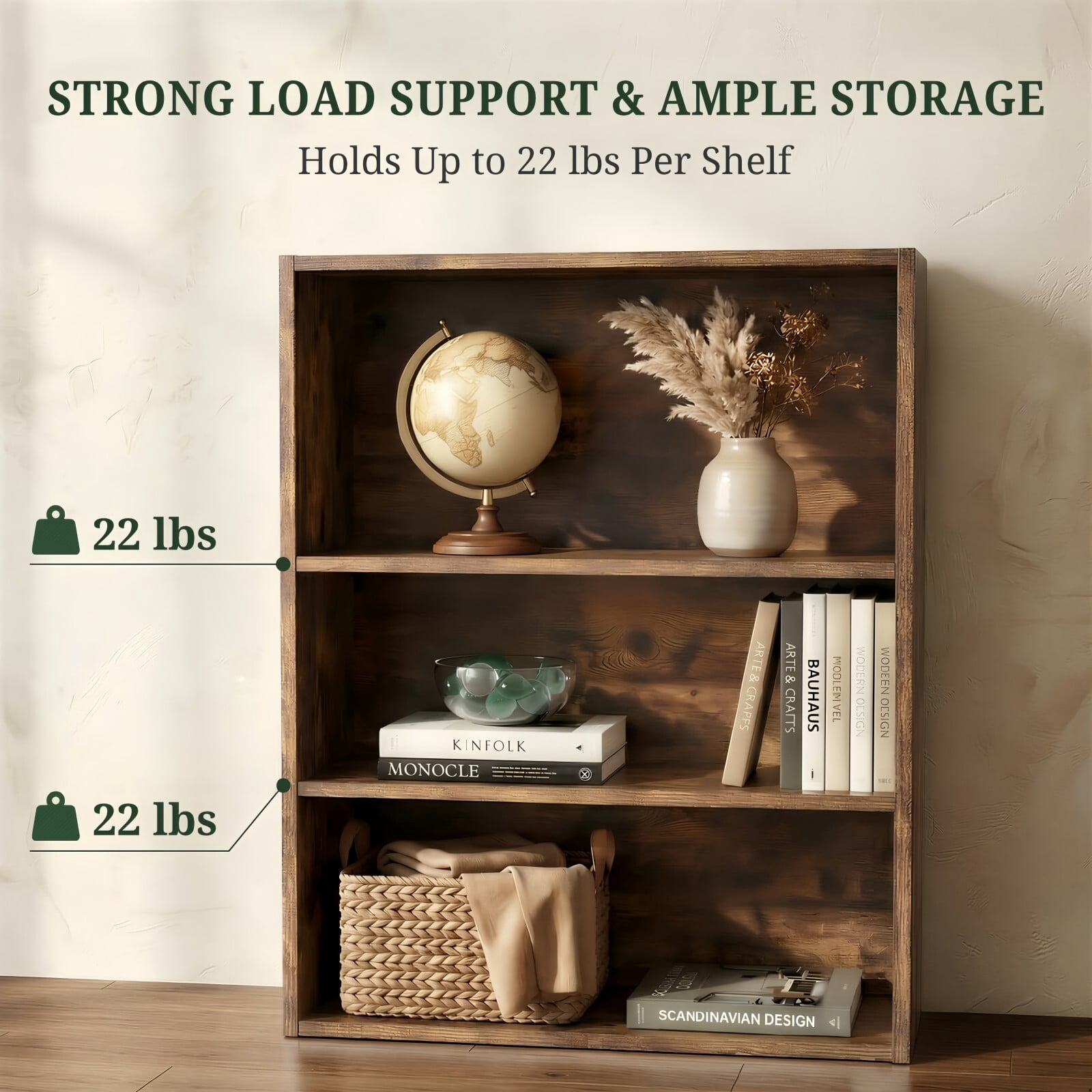 Kelno 3 Tier Vintage Bookshelf 31.5" Freestanding Wood Bookcase with Adjustable Shelf Anti-Tip Kit, Rust