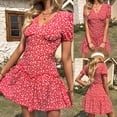 thumbnail image 5 of Women Puff Short Sleeve Sexy V-Neck Floral Print Ruffle Flare Mini Swing Dress, 5 of 12